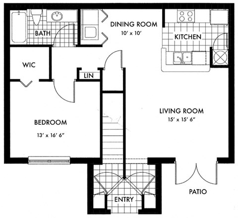 Floor plan for 1 bed, 1 bath, 854 sqft